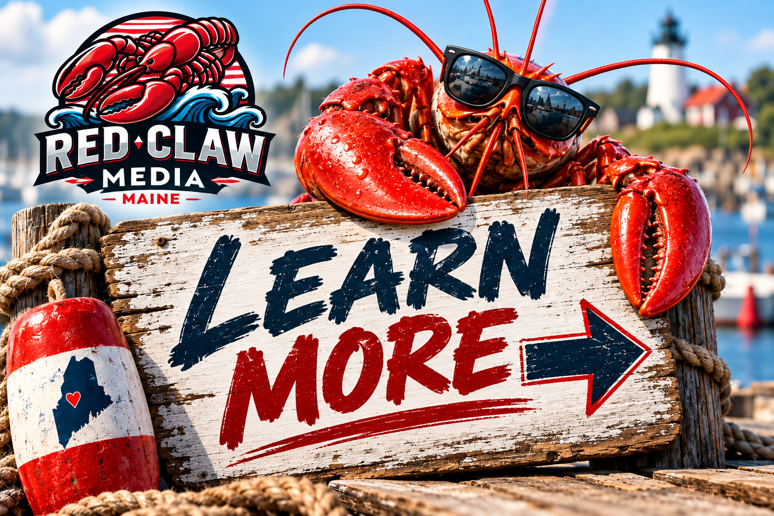Lobster in sunglasses on a Maine dock beside a Learn More sign