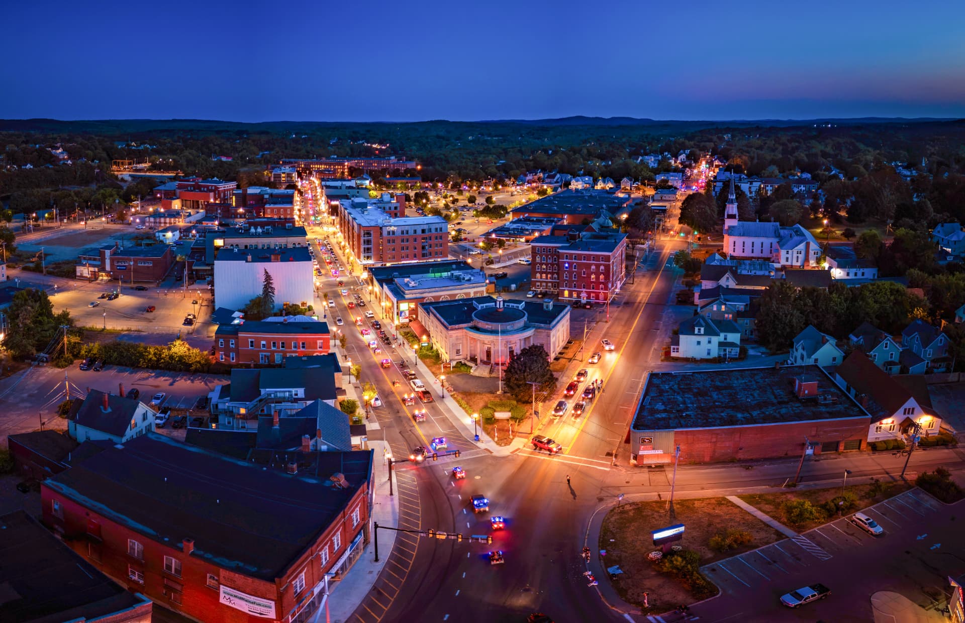 Aerial view of downtown Waterville, Maine at dusk for the Red Claw Media showreel