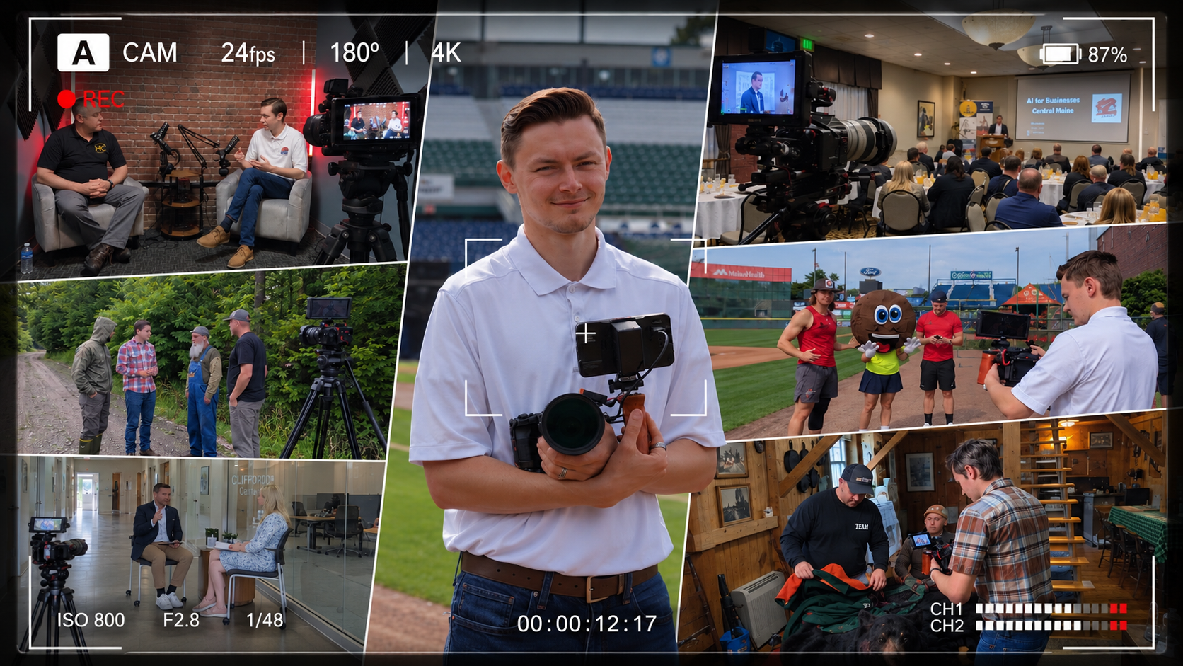 Collage of Red Claw Media productions: podcast interviews, on-location documentary filming, event coverage, and behind-the-scenes camera work