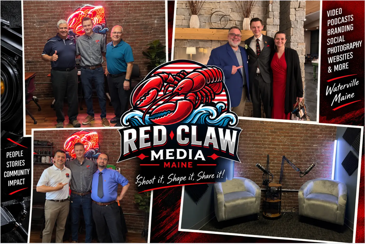 Red Claw Media collage of clients, podcast studio, and crew in Waterville, Maine